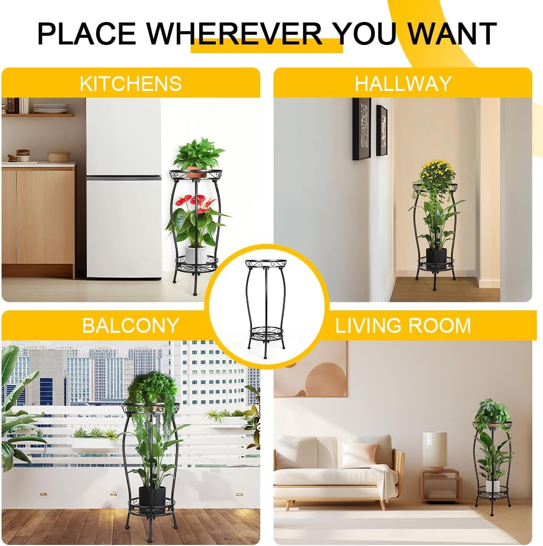 2 Tier Rustproof Iron Plant Stand - Heavy Duty Outdoor Plant Stands For Patio, Balcony Or Garden Or Planter Corner - Plant Stand Indoor (Black)