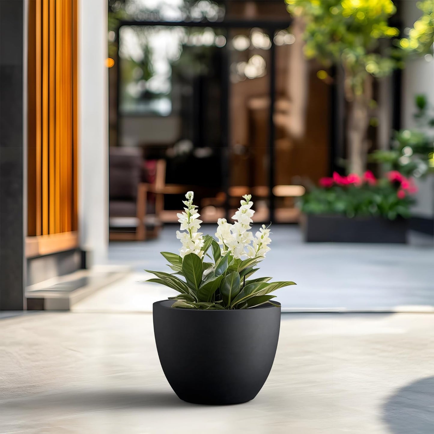 Kante 14.2 Inch Round Concrete Planter - Classic Large Indoor/Outdoor Plant Pot with Drainage Hole and Rubber Plug, Suitable for Gardens and Patios, Black Finish with Warm Brown Interior