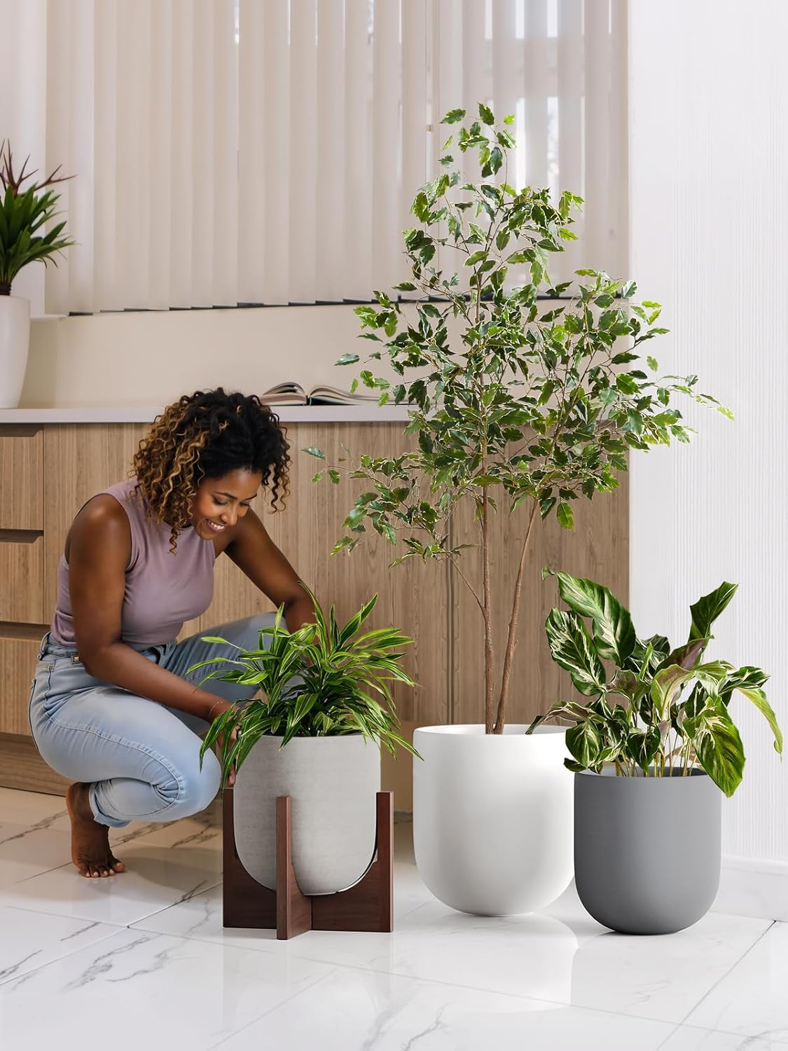 LE TAUCI 10 Inch Planter with Acacia Wood Stand, Ceramic Planters for Indoor Plants, Unique Plant Pots Indoor for Home Decor, Cylinder Pots for Plants with Drainage Hole and Plug, Neutral Gray