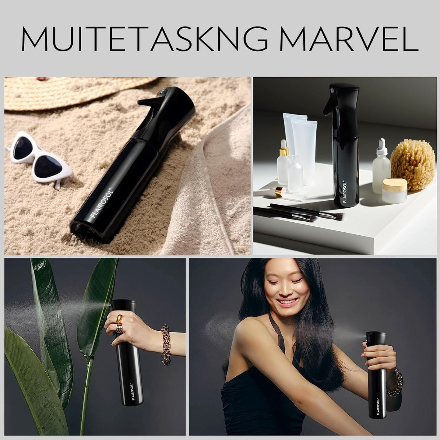 FLAIROSOL Spray Bottle for Hair, Continuous Spray Bottle with 0.3MM Ultra Fine Mist, Water Mister for Hairstyling, Cleaning, Plants, Pets, 10.1oz/300ml, Black Bottle, White Print