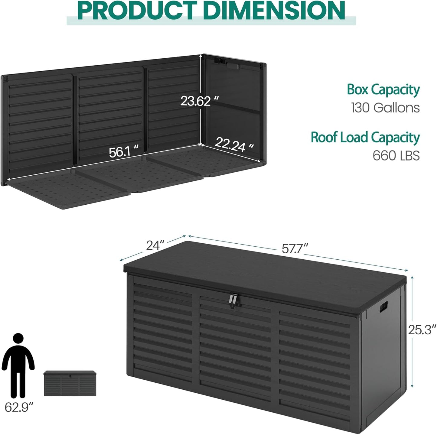 130 Gallon Outdoor Deck Box, Waterproof Resin Box with Lockable Lid, UV-Resistant for Cushions, Garden Tools & Pool Accessories (BLACK), Patio Furniture