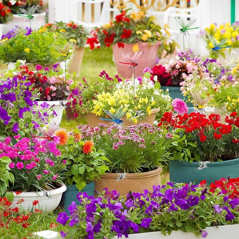 Indoor & Outdoor Fake Dragonfly Rod Clip, Dragonfly Clip Bug, 3D Artificial Dragonfly Hat Clips, Simulated Patio Decor Gardening, Multicolor Waterproof, Easy Attachment (8 Pcs)