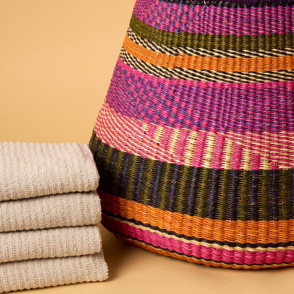 Home & Kitchen Decor, Wicker Basket, Picnic Basket, Living Room Basket, Organizing, Harvesting, Foraging, Fruit Storage, Hand Woven, Pot Shape, 16" Wide, Boho - Pink Purple