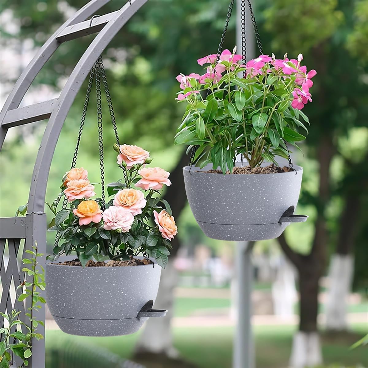 12 Inch Hanging Baskets 2 PC with Chains, Self-Watering Hanging Planters for Indoor Outdoor Plants, Plastic Hanging Flower Pots,Speckled Grey