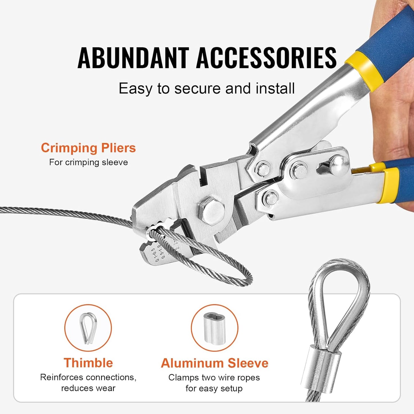 VEVOR 1/16 Wire Rope Kit, 66 FT Wire Rope Crimping Tool 304 Stainless Steel Cable, 160 Sleeves, 12 Thimbles, 7x7 Strands Construction Marine Aircraft Grade for Handrail Stair Decking Fence Outdoors