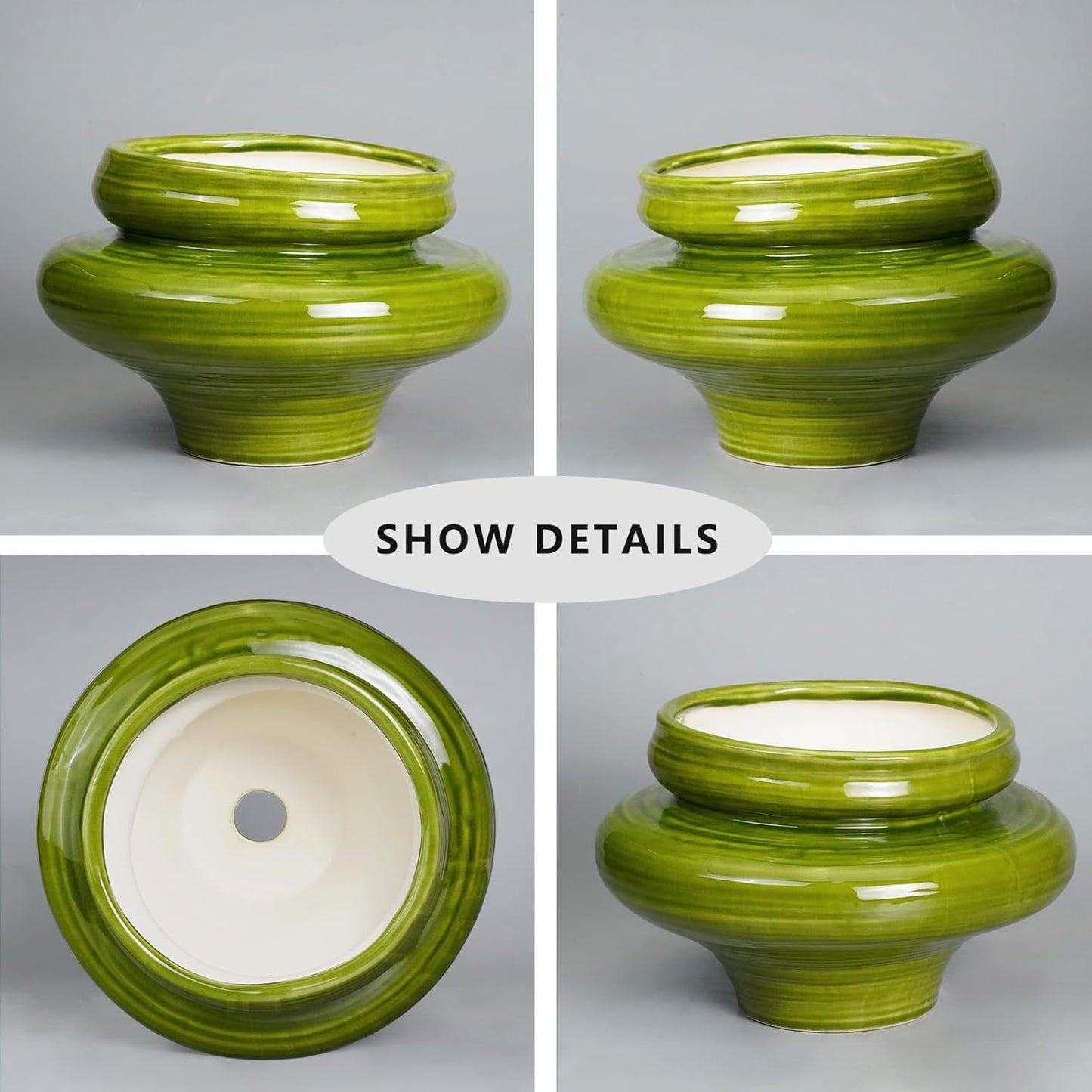 Ceramic Planters for Indoor Plants 11 Inch - Bonsai Plant Pots Outdoor, Large Planters for Indoor Plants, Green Planter with Drainage Hole, Flower Pot for Garden Decor, Gift for Women Men