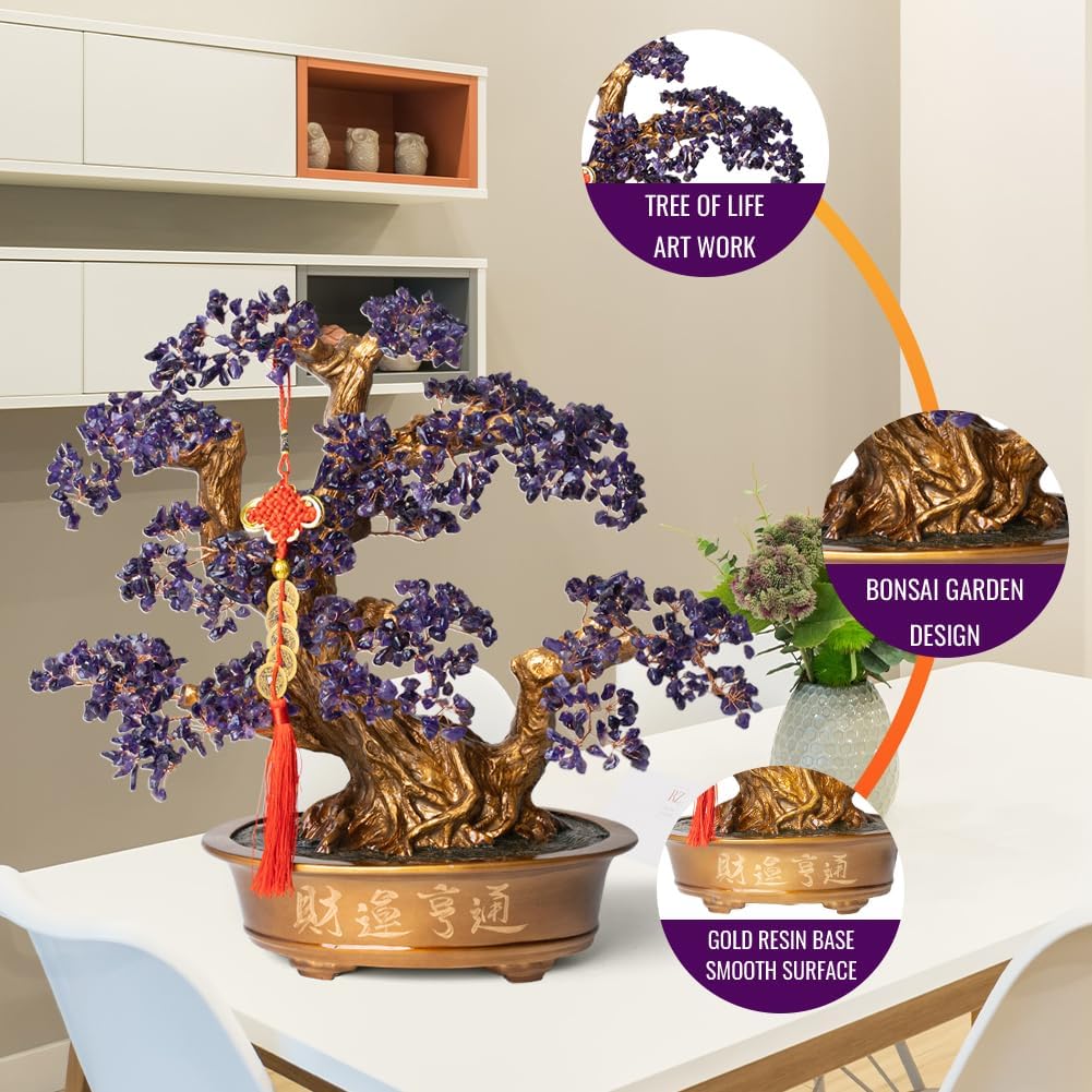 Natural Amethyst Gemstone Crystal Bonsai Tree of Life (1,350 Gemstone Count) Large Feng Shui Money Chakra Tree for Luck and Wealth Desk Decoration 20 Inches