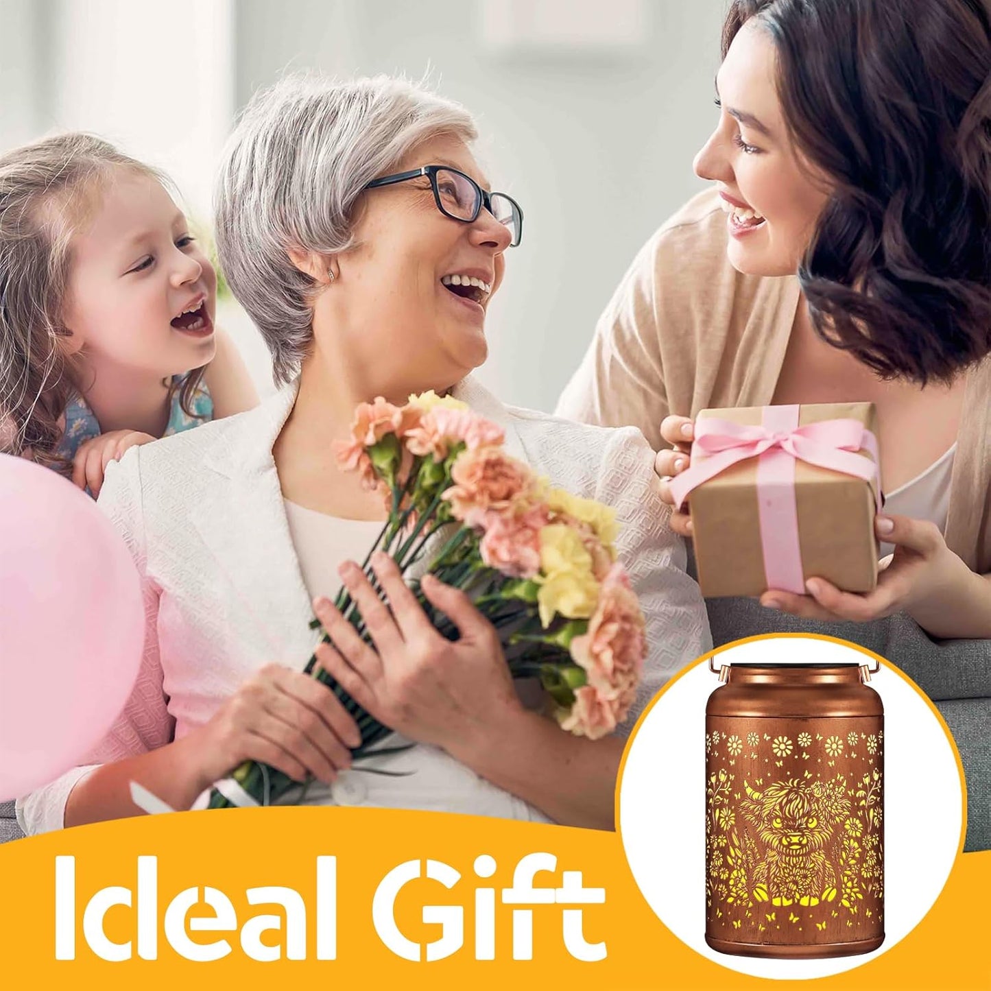 Solar Lanterns Outdoor Waterproof Garden Decor Birthday Gifts for Women Mom Grandma Hanging Solar Lights Metal Decoration Outside for Yard, Patio (Highland Cattle)