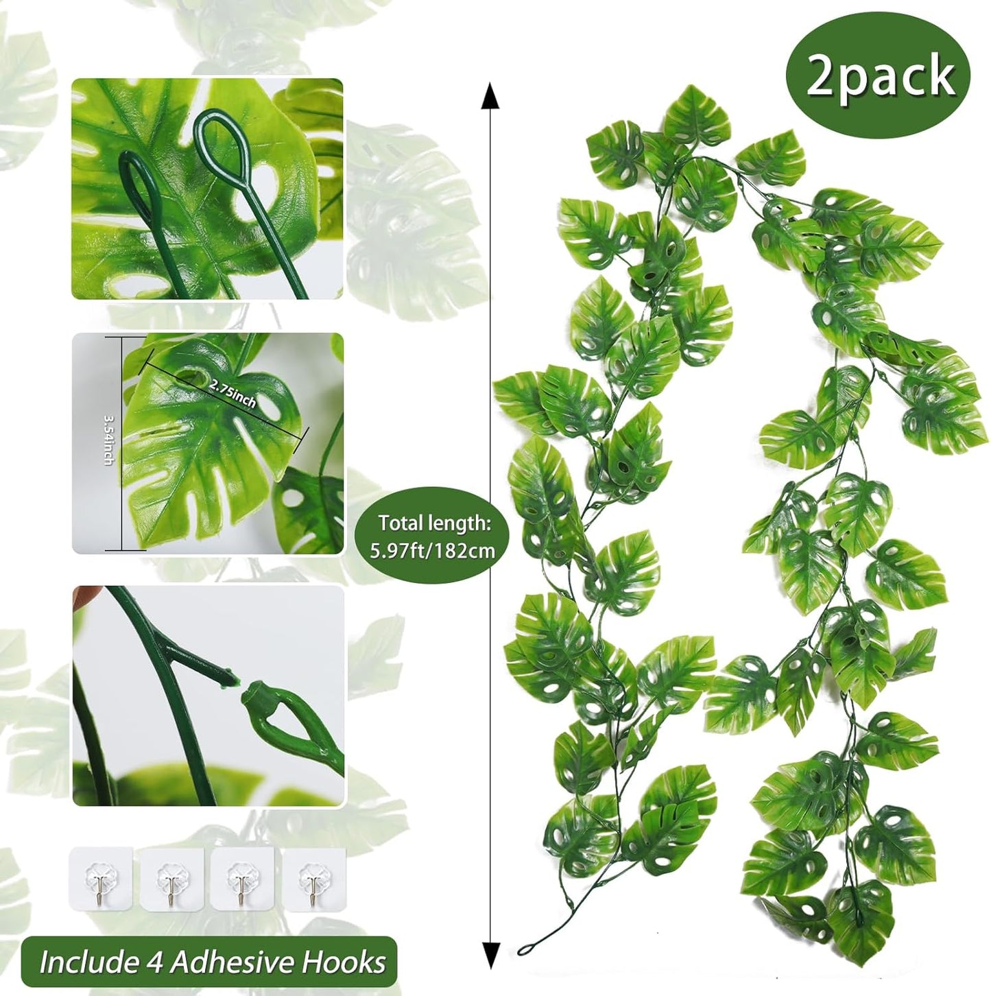 RECUTMS Artificial Monstera Leaves Vines 2Pcs 5.9Ft Fake Tropical Large Palm Leaf Greenery Garland UV Resistant Faux Ivy Rattan for Indoor Outdoor Home Garden Hawaiian Jungle Luau Party Spring Décor