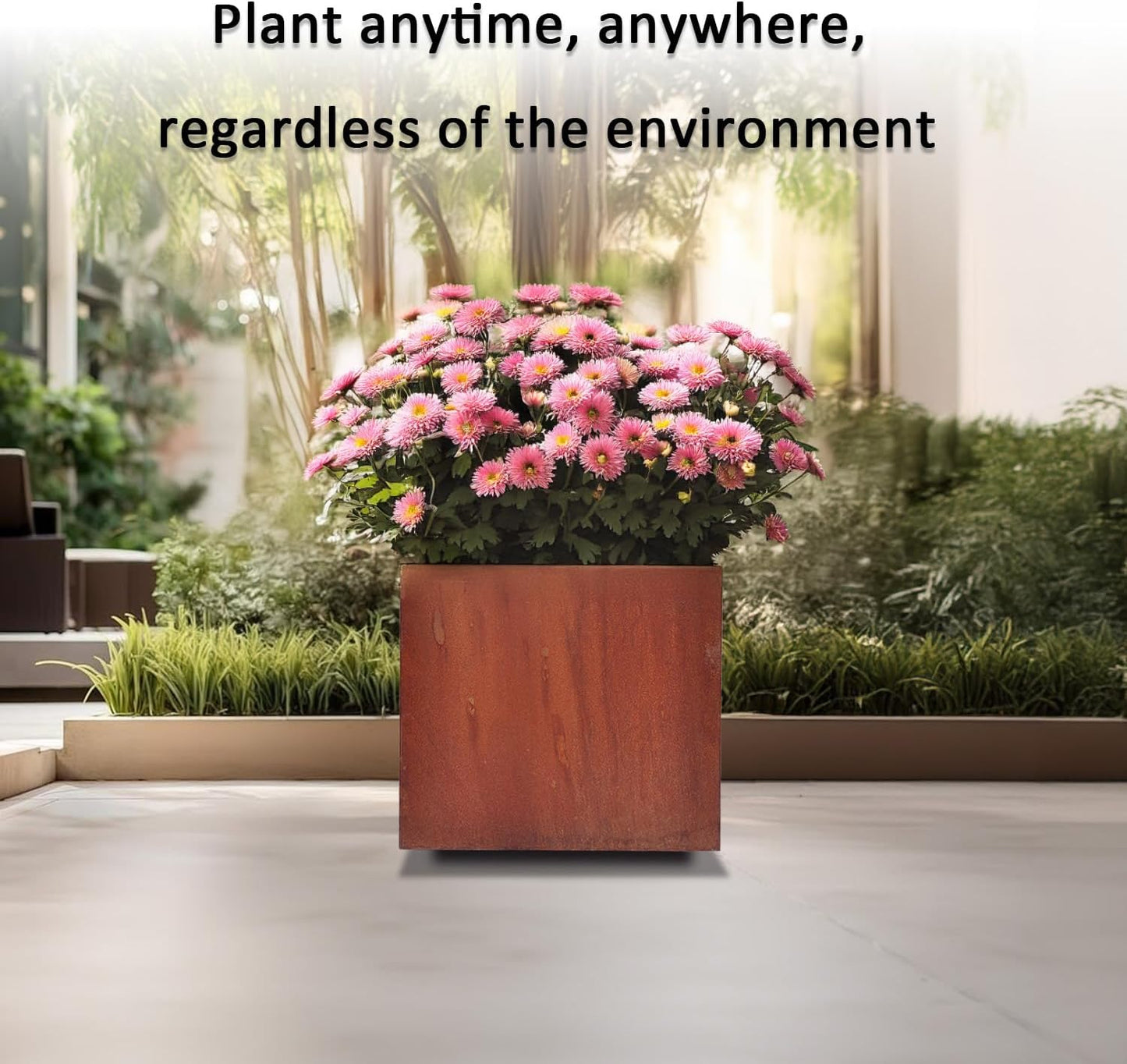 Corten Steel Cube Planter, 20in, Perfect for Patios & Terraces, Rust Patina Finish, Outdoor Box for Flowers, Trees & Shrubs