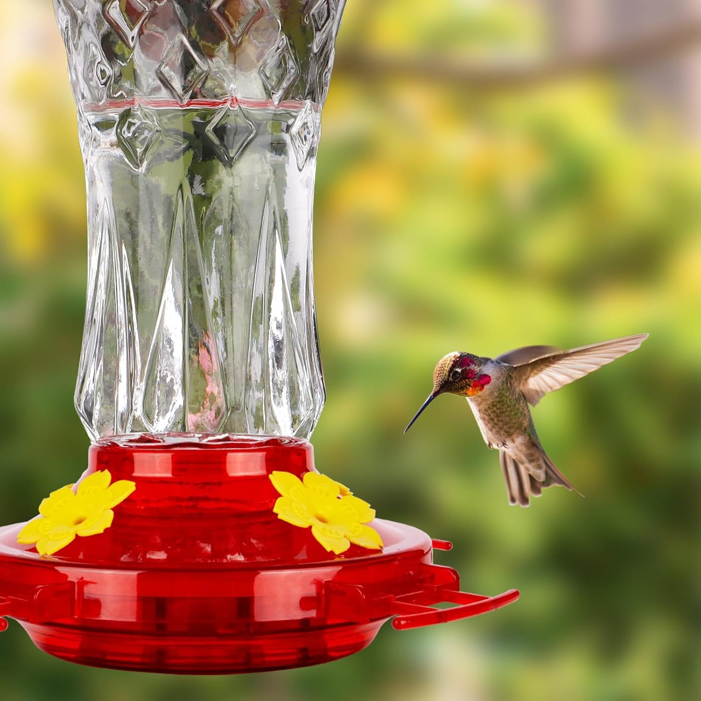 BOLITE Glass Hummingbird Feeders for Outdoors Hanging, Built-in Ant Moat, 4 Bee Guard Feeding Ports with Perches, Leak Proof, 15 Ounces, Stars Decor, Red, Gifts for Women Men, Gifts for Mom Dad