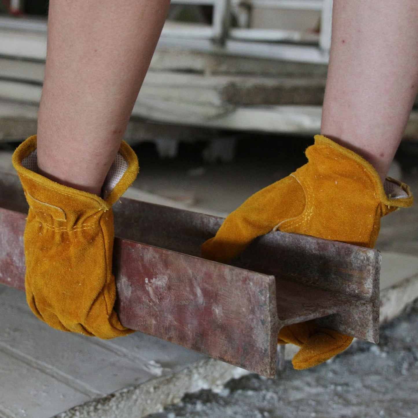 OZERO Leather Work Gloves Flex Grip Tough Cowhide Gardening Glove for Men and Women (Medium, Gold With Mesh Linning)