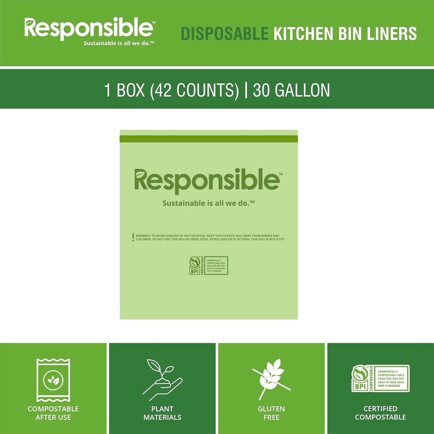 Kitchen Bin Liners, Certified Compostable, Heavy Duty Multipurpose Food Scrap Bags, Made from Compostable Materials (30 Gallon Drawstring, 30 Gallon (42 Count))