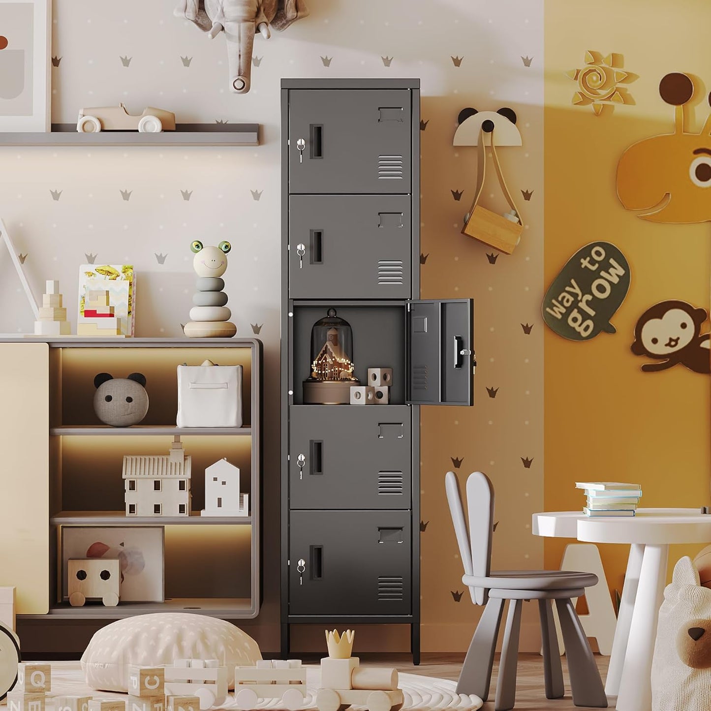 Metal Locker with Lock and Ventilation Holes,Metal Storage Locker with Business Card Slot for Home,Gym,Garage,School,Office,66" H x 15.8" W x 15.8" D Assembly Required,Black