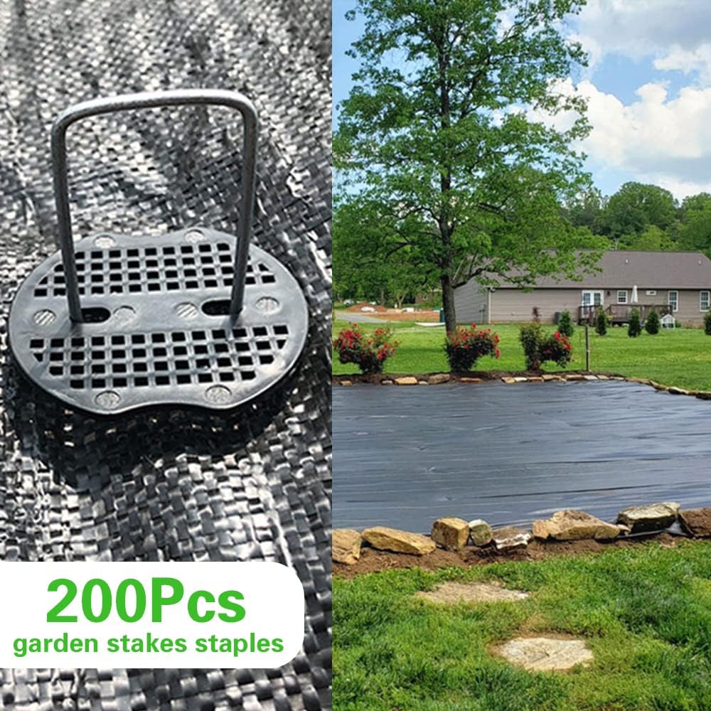 Bakulyor 200Pcs Landscape Staples + 200Pcs Gasket, 6 Inch Garden Stakes Staples 11 Gauge U Shaped Galvanized Lawn Landscape Pins, Heavy Duty Yard Ground Pin for Weed Barrier Sod Fabric Decorations