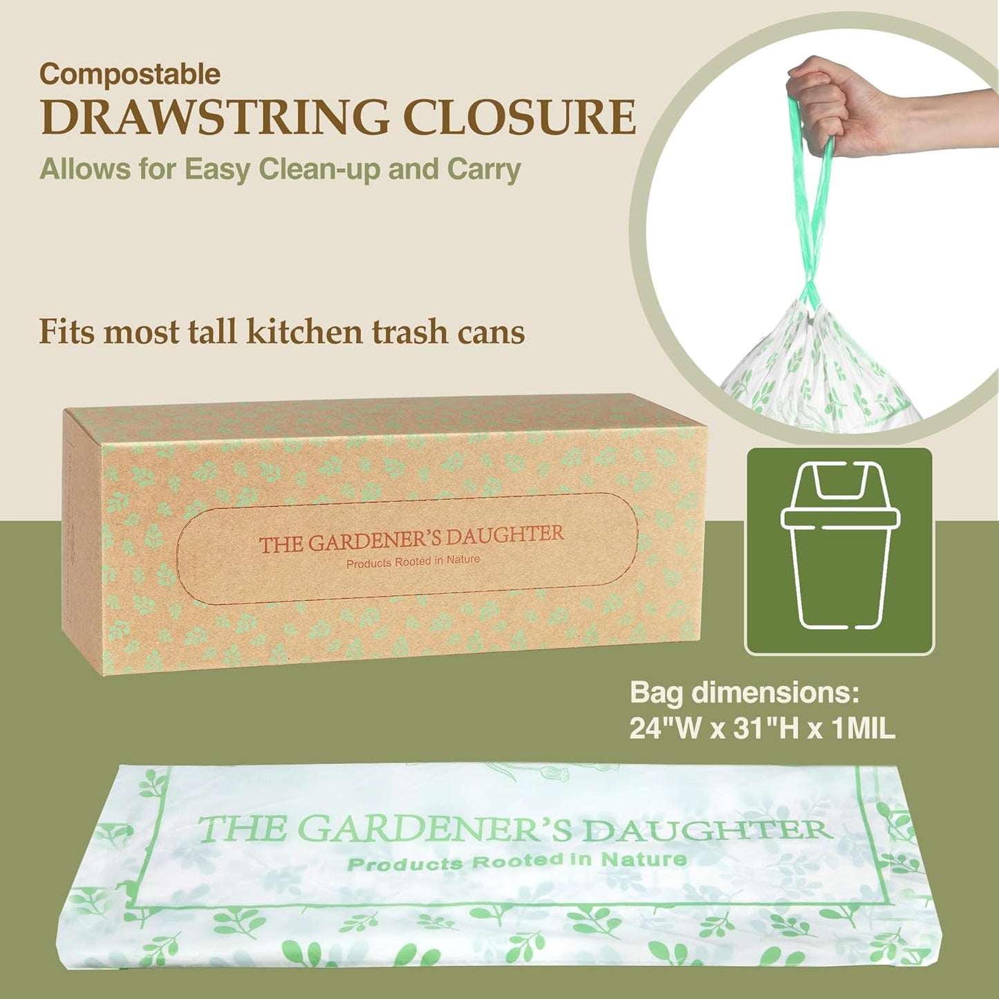 13 Gallon Compostable Trash Bags β Extra Strong, Drawstring Kitchen Bags (30 Count, White) | Leak-Proof, BPI & TUV Certified, Home Compostable β Evergreen by The Gardener's Daughter