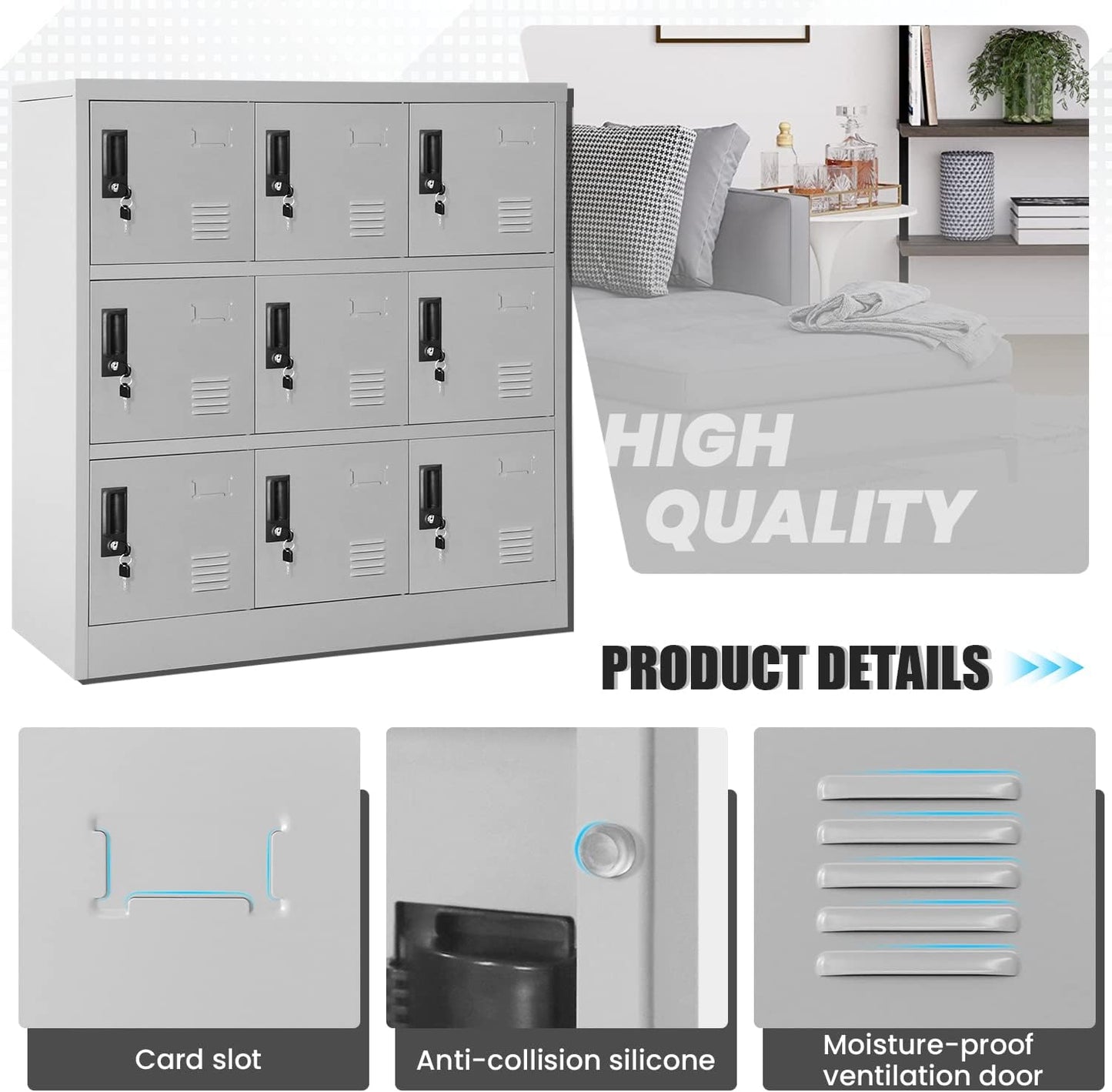 Greenvelly 9 Door Storage Locker for Employee, Metal Locker for Office, Gym, Shool,Lockable Black Steel Locker with Lock and Card Slot for Home,Garage