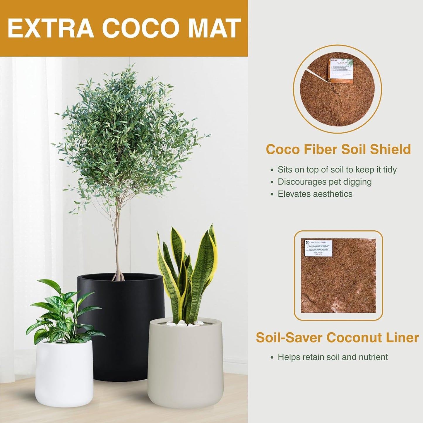15.3" H x 15" D Conico Fiberstone Round Planter with Drainage Hole, Smooth Finishes, Weather Resistant for Indoor and Outdoor Use, Included 2 Extra Coco Mats (Black, 11.7" Pot Opening)