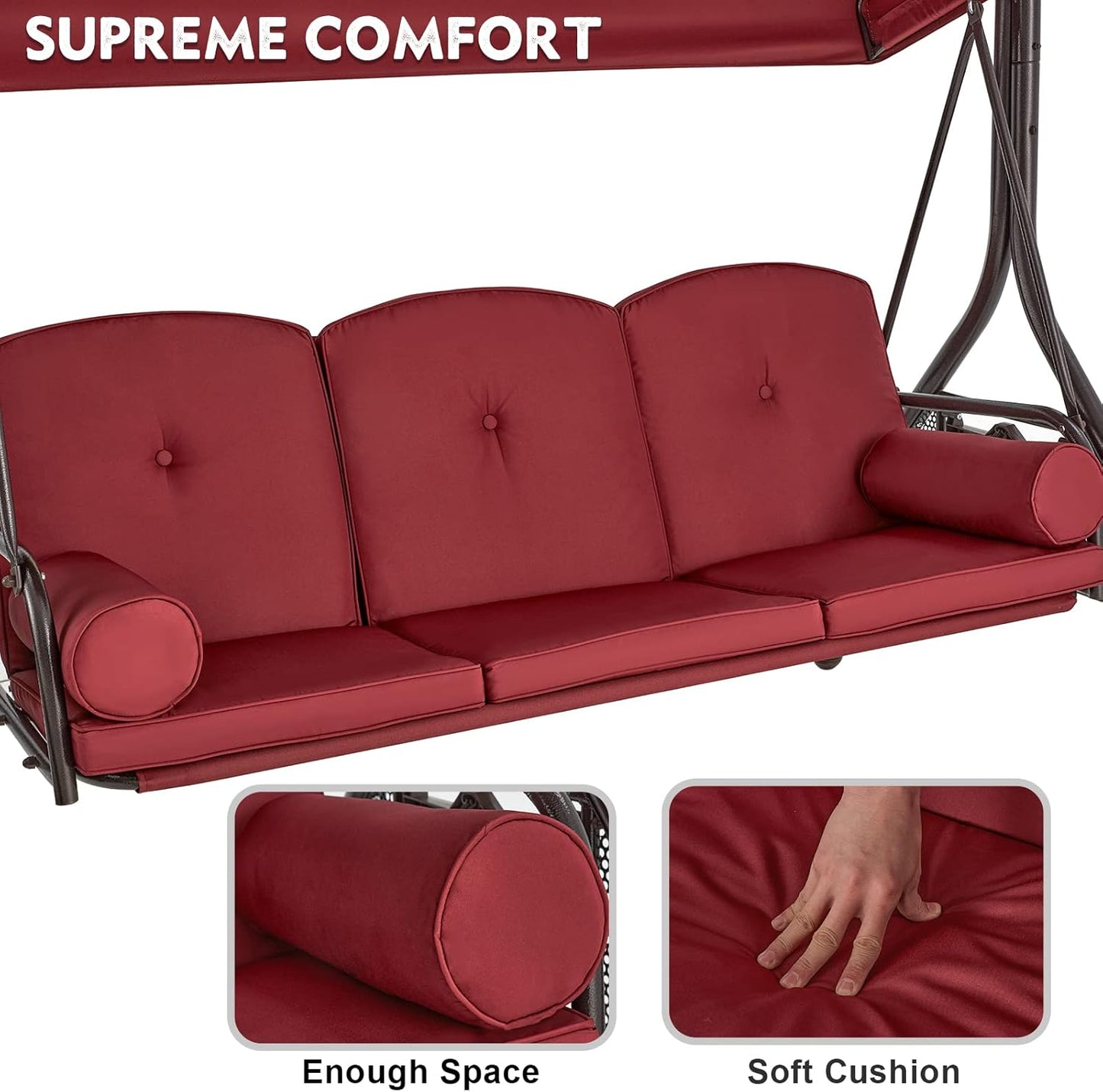 HOMREST 3 Seat Outdoor Porch Swing with Adjustable Canopy, Convertible Patio Swing Bed with Stand, Patio Glider Swing with Upgraded Cup Holder, Thicken Cushions & Pillow for Backyard (Wine Red)