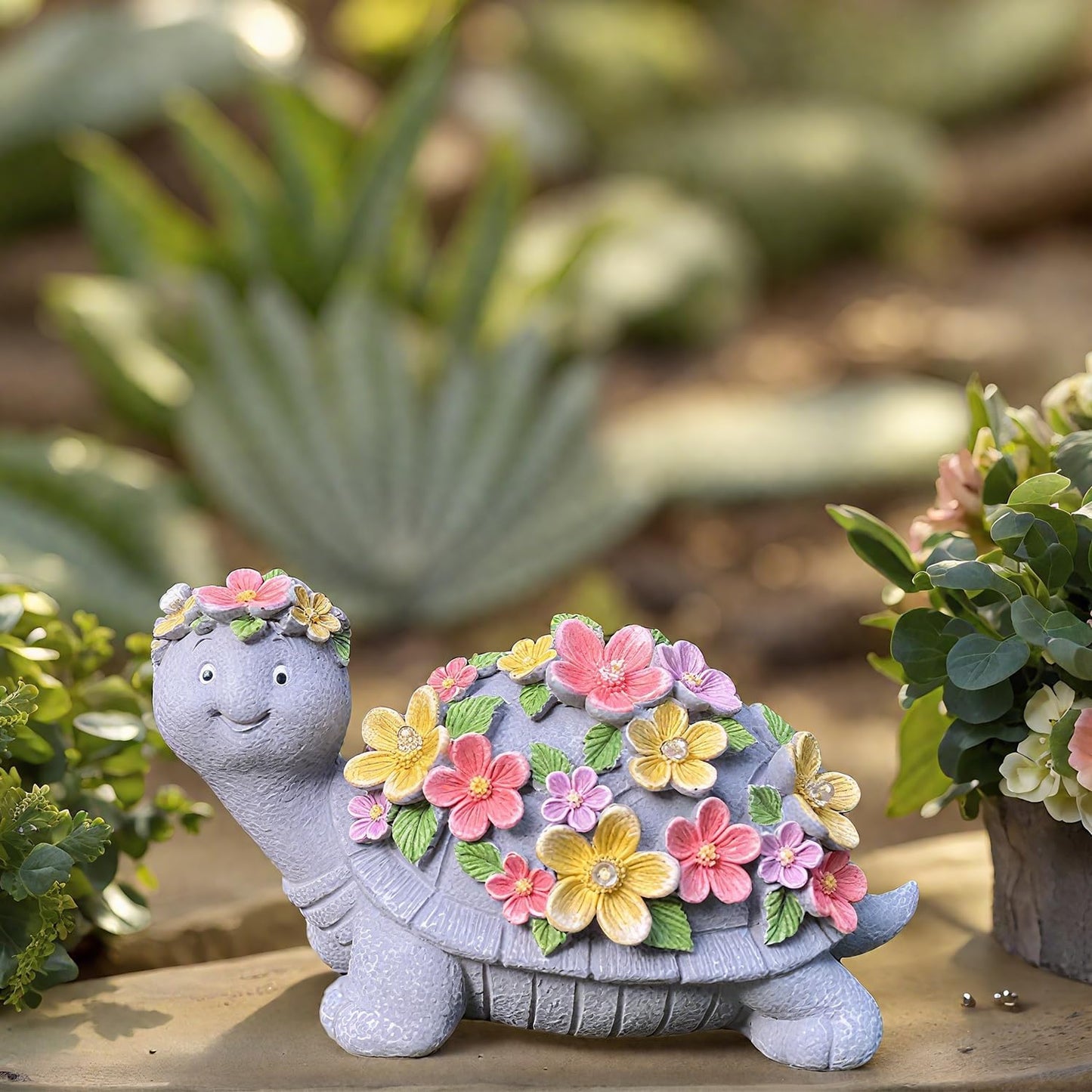 Solar Turtle Statues Garden Decor - Cute Turtle Figurine with Flowers Solar Lights, Tortoise Statue for Outdoor Yard, Lawn, Patio Decoration - Birthday Gifts for Mom Grandma Women