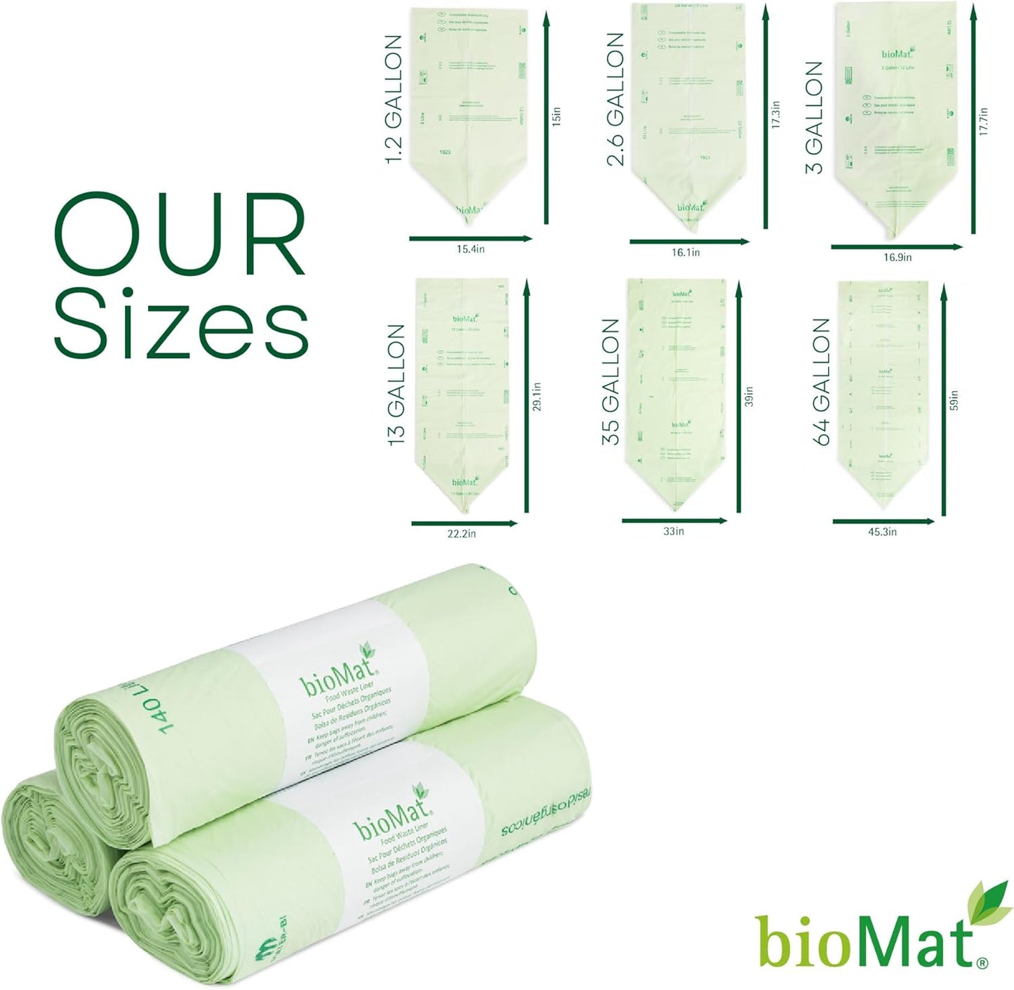 bioMat 35 Gallon Compostable Trash Bags, 10 Count, Biodegradable Trash Bags for Compost Bin, BPI ASTM D6400 and CMA Certified, Keep your Bin Clean