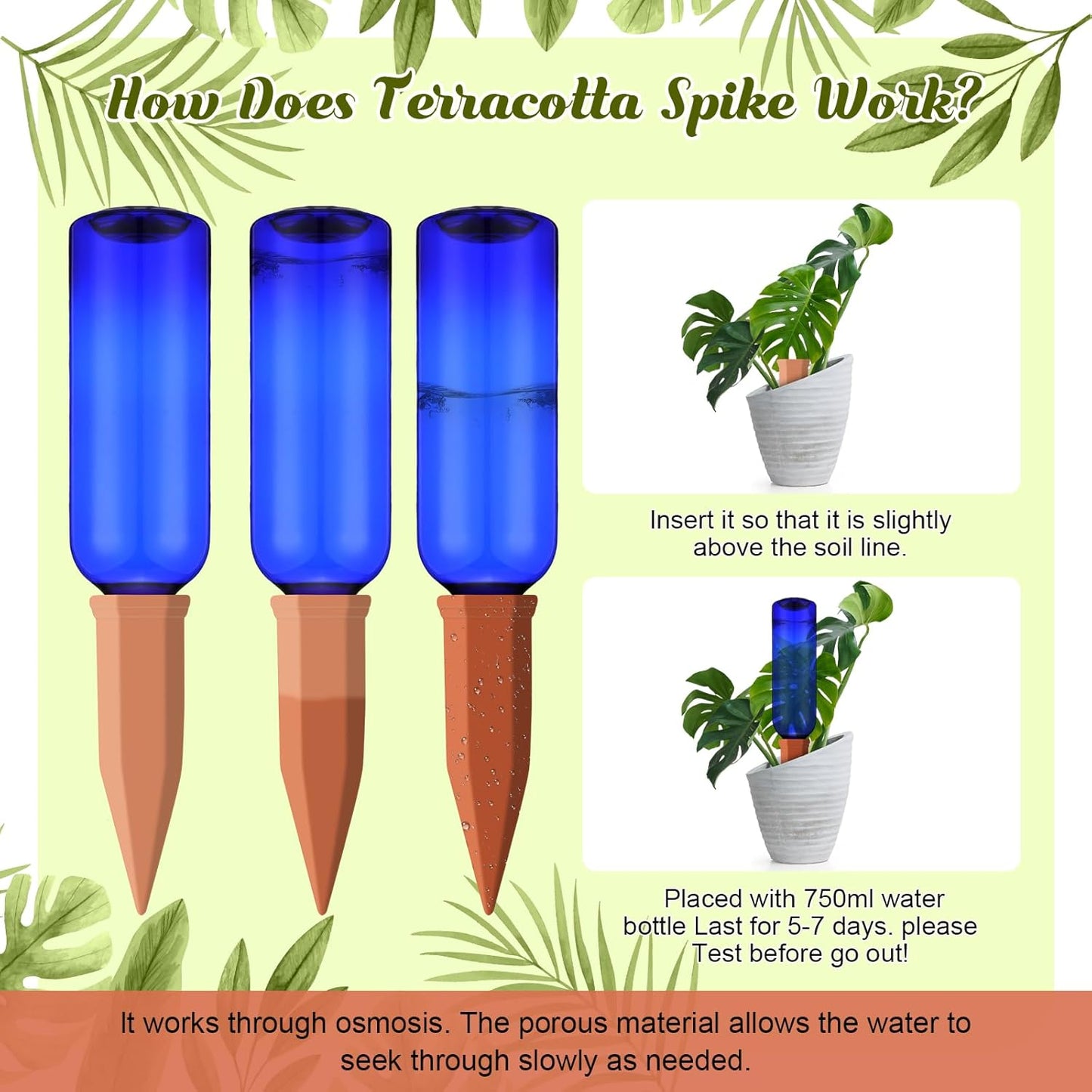 12 Pack Plant Watering Devices Include 6 Terracotta Self Watering Spikes and 6 Pcs 26 oz Plastic Bottles, Slow Release Vacation Insert Automatic Plant Waterer Device (Blue)