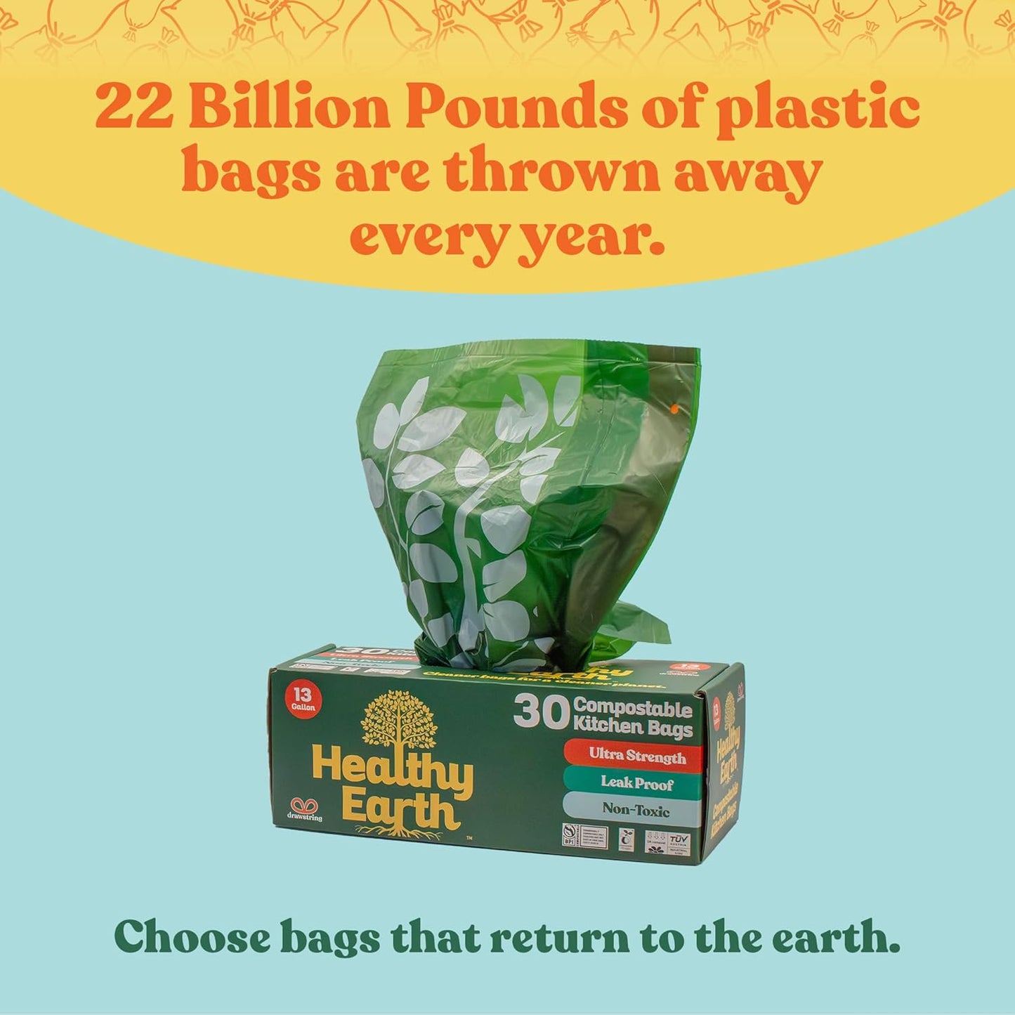 Healthy Earth 13 Gallon Compostable Trash Bags β Tall Kitchen Garbage Bags with Drawstring Handles, Extra Thick Plant-Based Liners, BPI & TΓV Certified ASTM D6400, Heavy Duty Leak-Proof (60 Count)