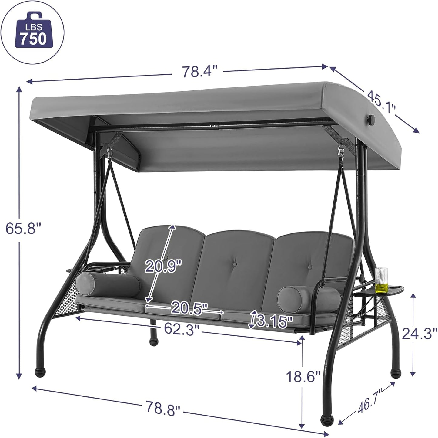 HOMREST 3 Seat Outdoor Porch Swing with 1.5" Deep Cup Holder, Adjustable Canopy,Patio Swing Bed with Stand, Patio Glider Swing with Thicken Cushions, Pillow(Grey)