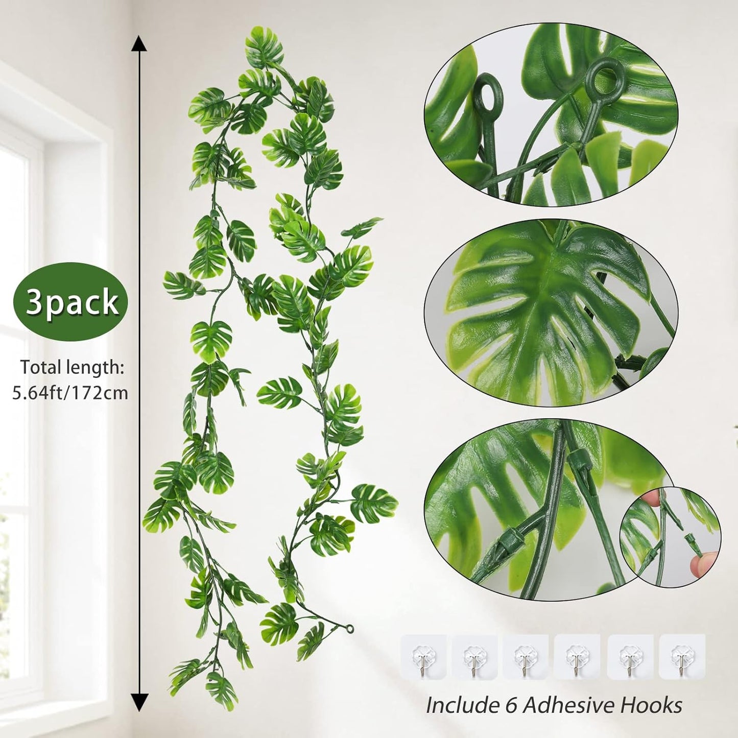 RECUTMS Artificial Palm Leaves Vines 3Pcs, 5.9FT Outdoor Fake Hanging Plant Ivy Faux Tropical Monstera Leaf Garland Greenery for Garden Porch Patio Jungle Luau Beach Birthday Party Indoor Summer Décor