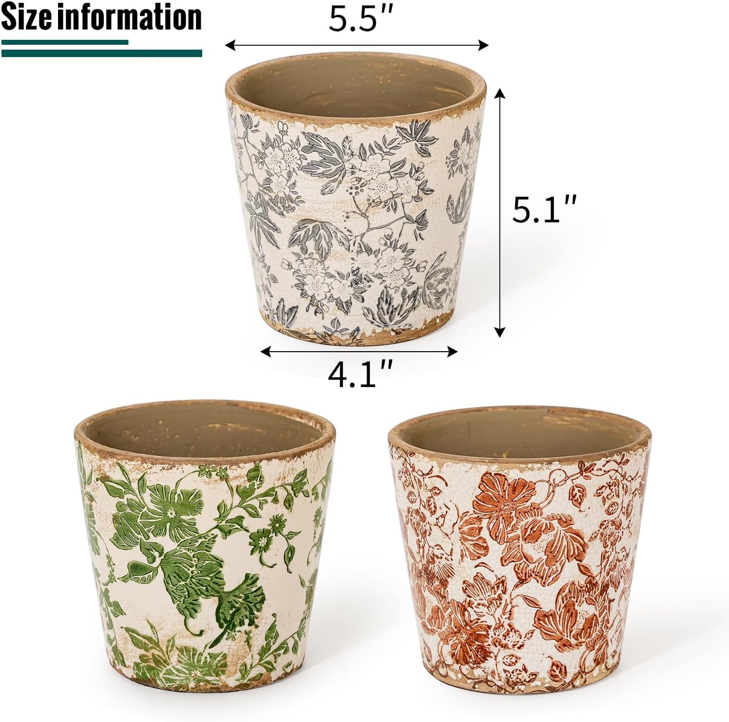Sungmor Vintage Ceramic Plant Pots, Set of 3 Pretty Ice Cracked Glaze Ceramic Flower Pots, 5.5in. Herb Planters with Drainage Hole, Tuscan Planters for Indoor Outdoor Plants, Home Garden Decor Pot