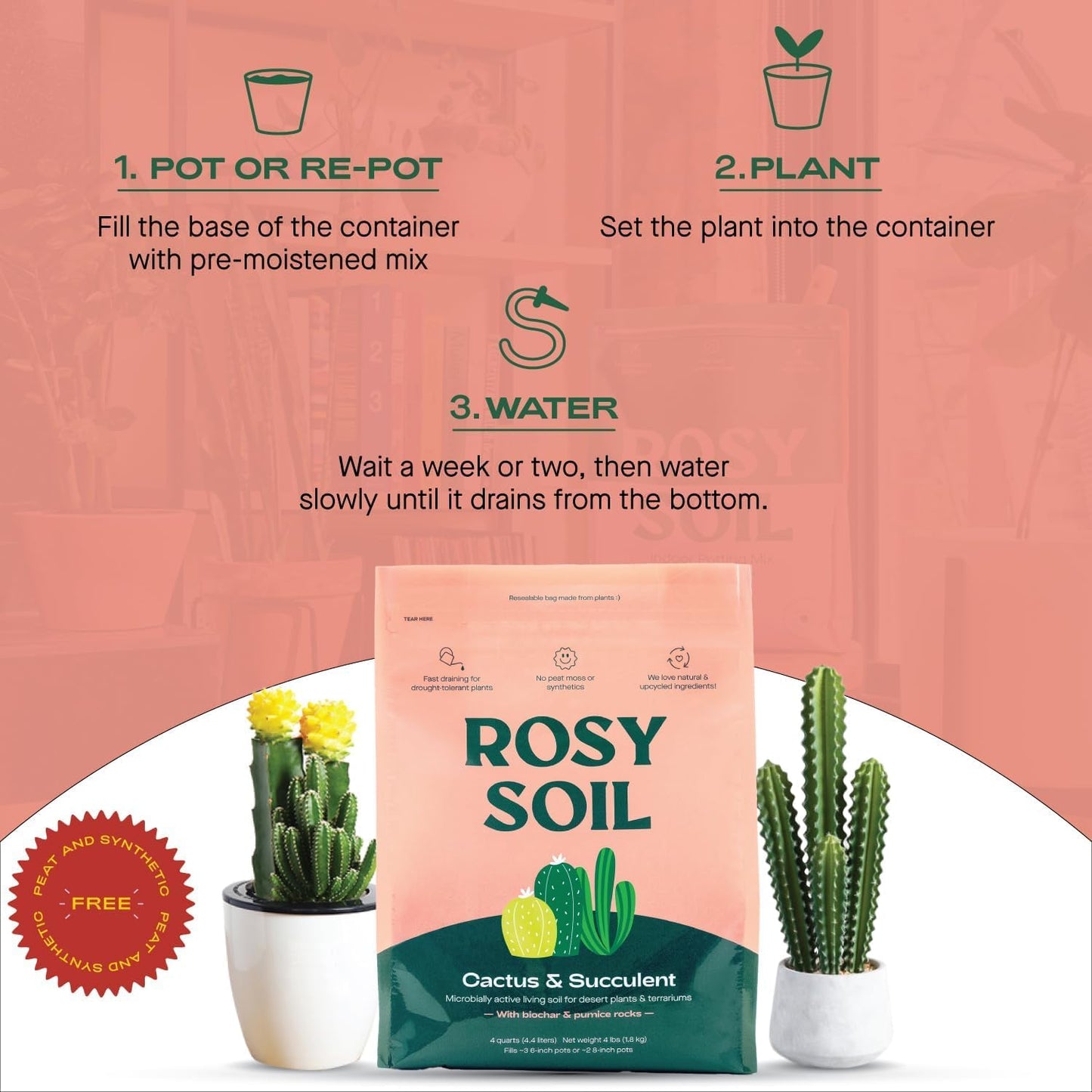 Rosy Soil Cactus and Succulent Potting Soil Mix (4 qts) + Indoor Potting Soil (8 qts) - Peat Free House Plant Soil - Potting Soil Mix for Indoor Plants