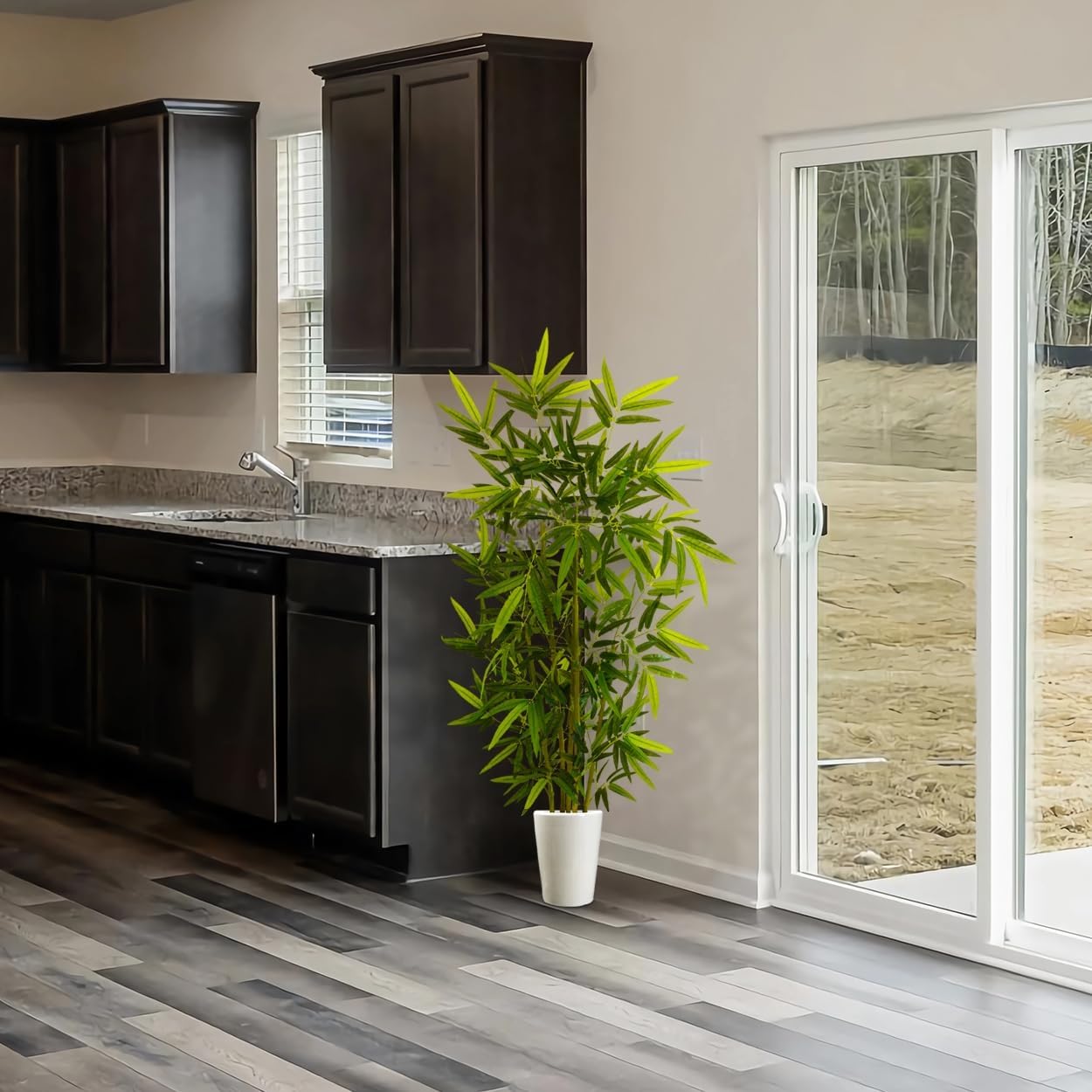 Artificial Bamboo Tree, 5ft Tall Fake Bamboo Plant with White Planter, Faux Trees with 5 Trunks and Lifelike Leaves for Indoor Outdoor Home Office Décor