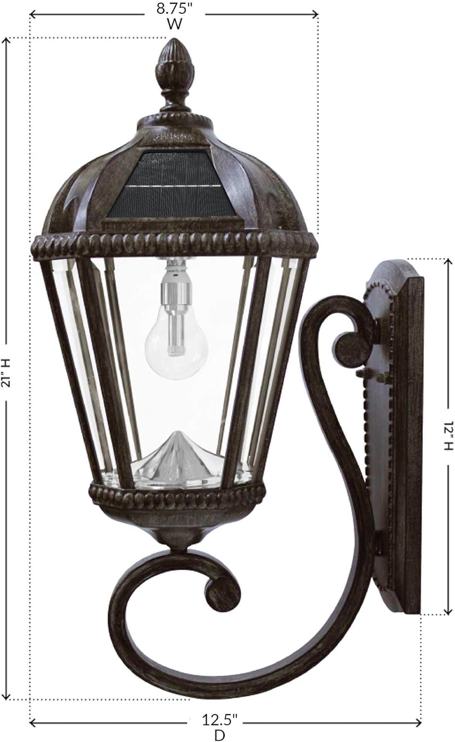 Gama Sonic Solar Outdoor Wall Light, Royal Bulb Exterior Sconce Lamp, Weathered Bronze Finish Aluminum, Rain Water Glass, Warm White LED with Omni-Direction Reflector, 98B310 Upgraded Panel & Battery