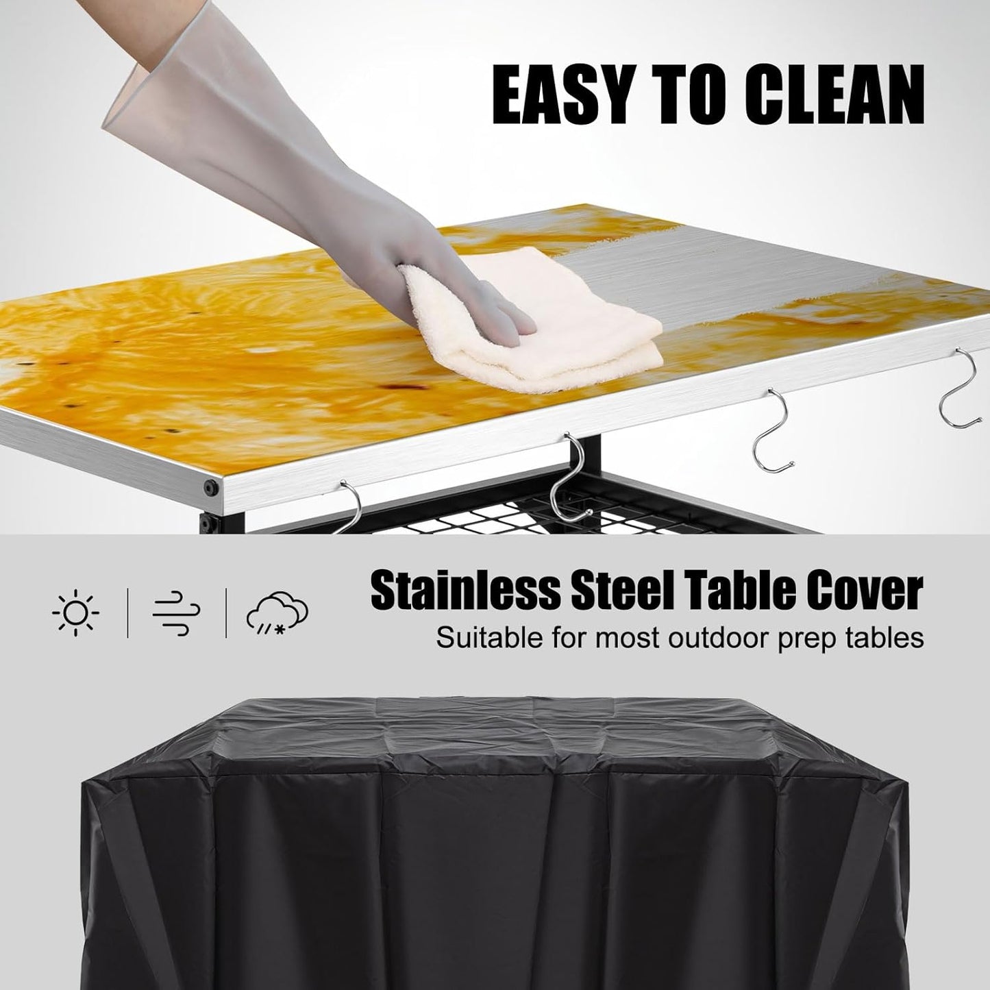 3-Shelf Outdoor Grill Table, Pizza Oven Tables with Waterproof Cover, Movable Dining Cart, Trolley Table with Wheels, Outdoor Kitchen Cooking Prep BBQ Cart for Home Party, Bar,Camping