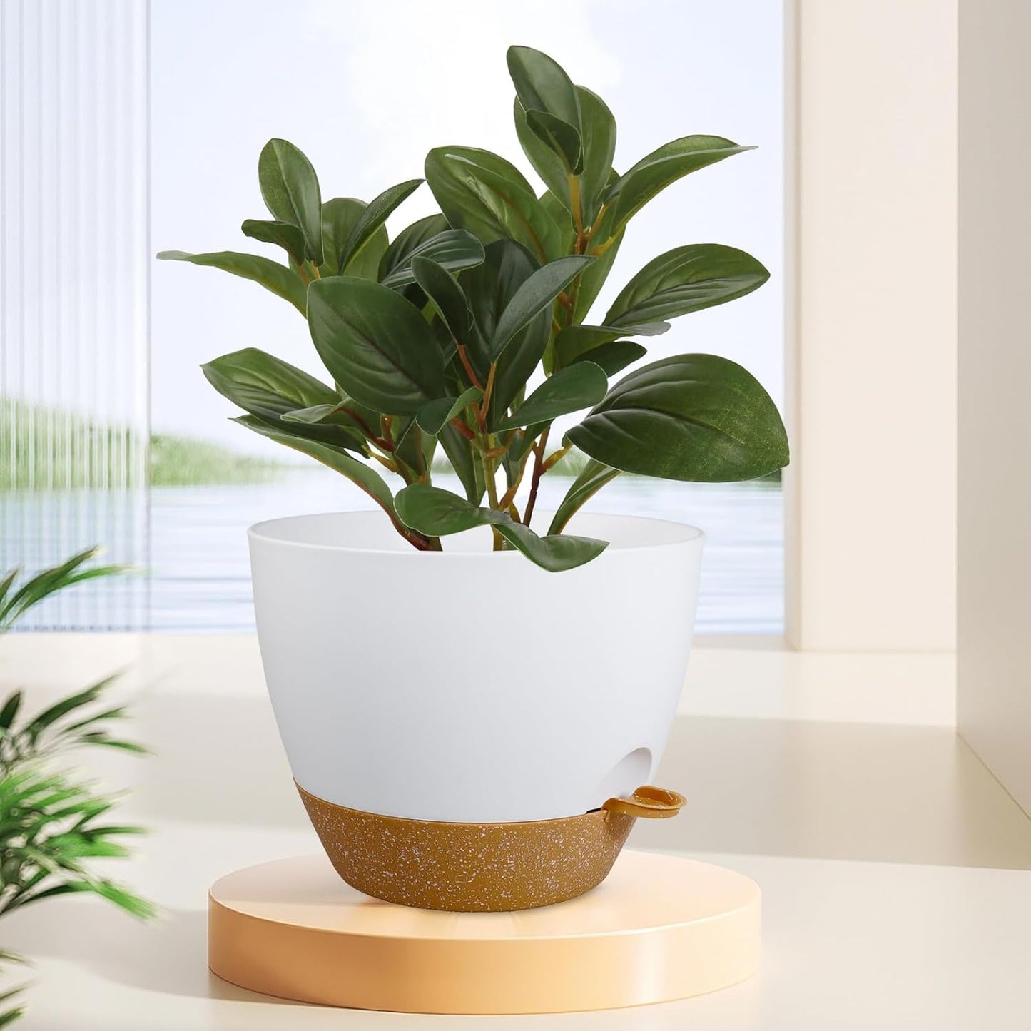 12 inch Large Self Watering Pots, Flower Plant Pots with Drainage Holes for Indoor Outdoor Garden Plants, Plastic Planters with Removable Deep Reservoir, White with Brown