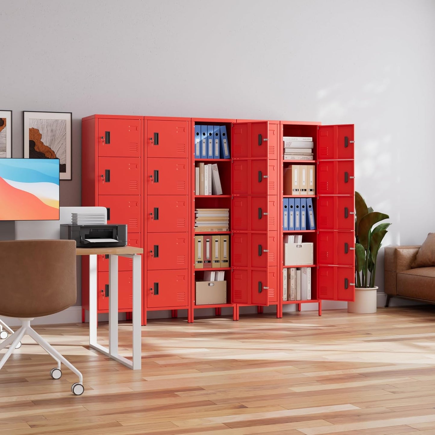 Metal Locker with Lock and Ventilation Holes,Metal Storage Locker with Business Card Slot for Home,Gym,Garage,School,Office,15.8" D x 15.8" W x 66" H Assembly Required,Red