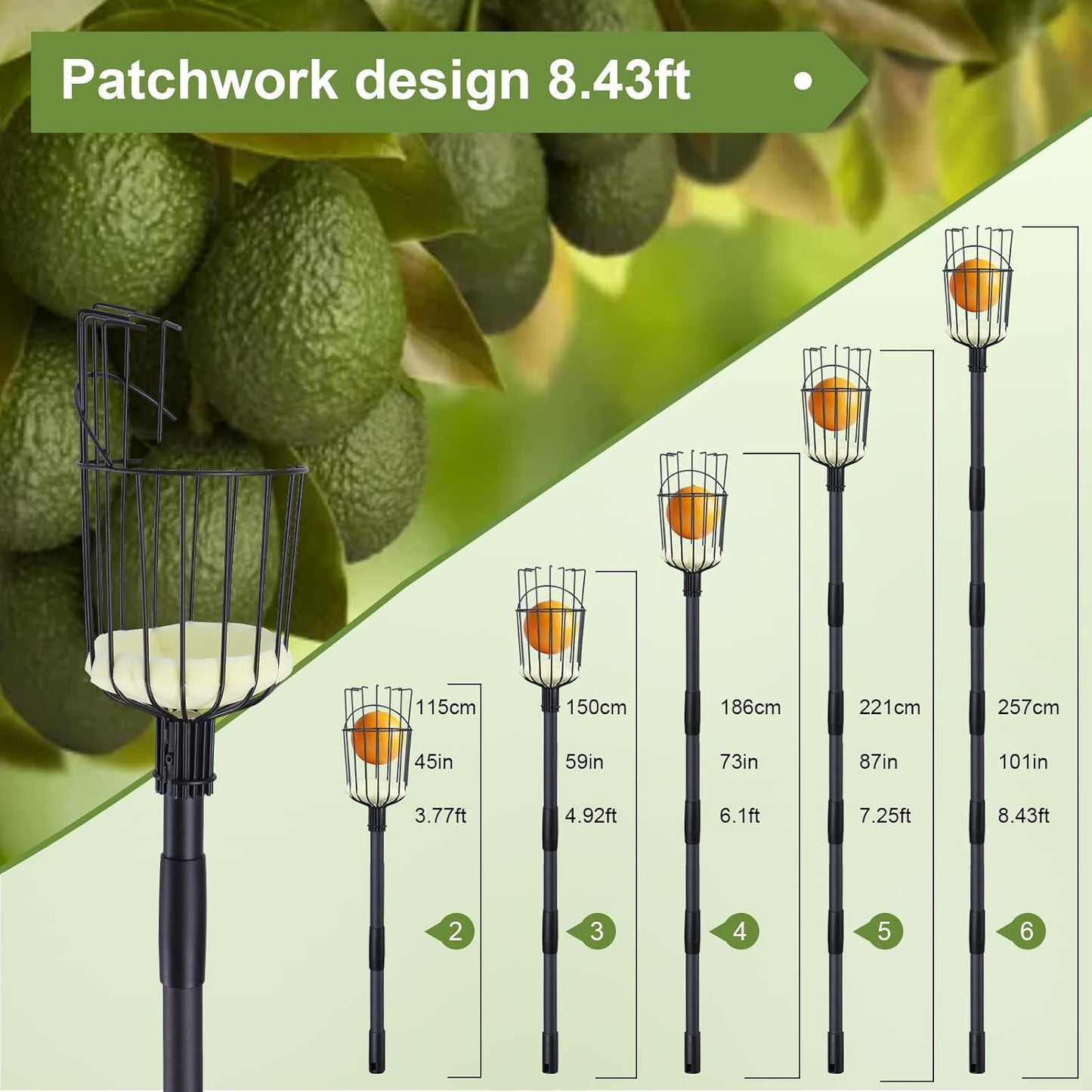 Fruit Picker Pole with Basket - 8.43FT(101Inch) Adjustable Fruit Picker with Basket, Orange Picker, Fruit Picking Pole for Orange Apple Avocados Lemon, Black