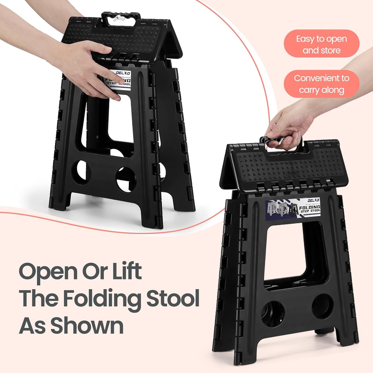 Delxo Folding Step Stool 16 Inch,Non-Slip Foldable Stools for Adults Up to 300 LBS,Kitchen Collapsible Fold Up Stepping Stool with Dotted 1 Pack,Black