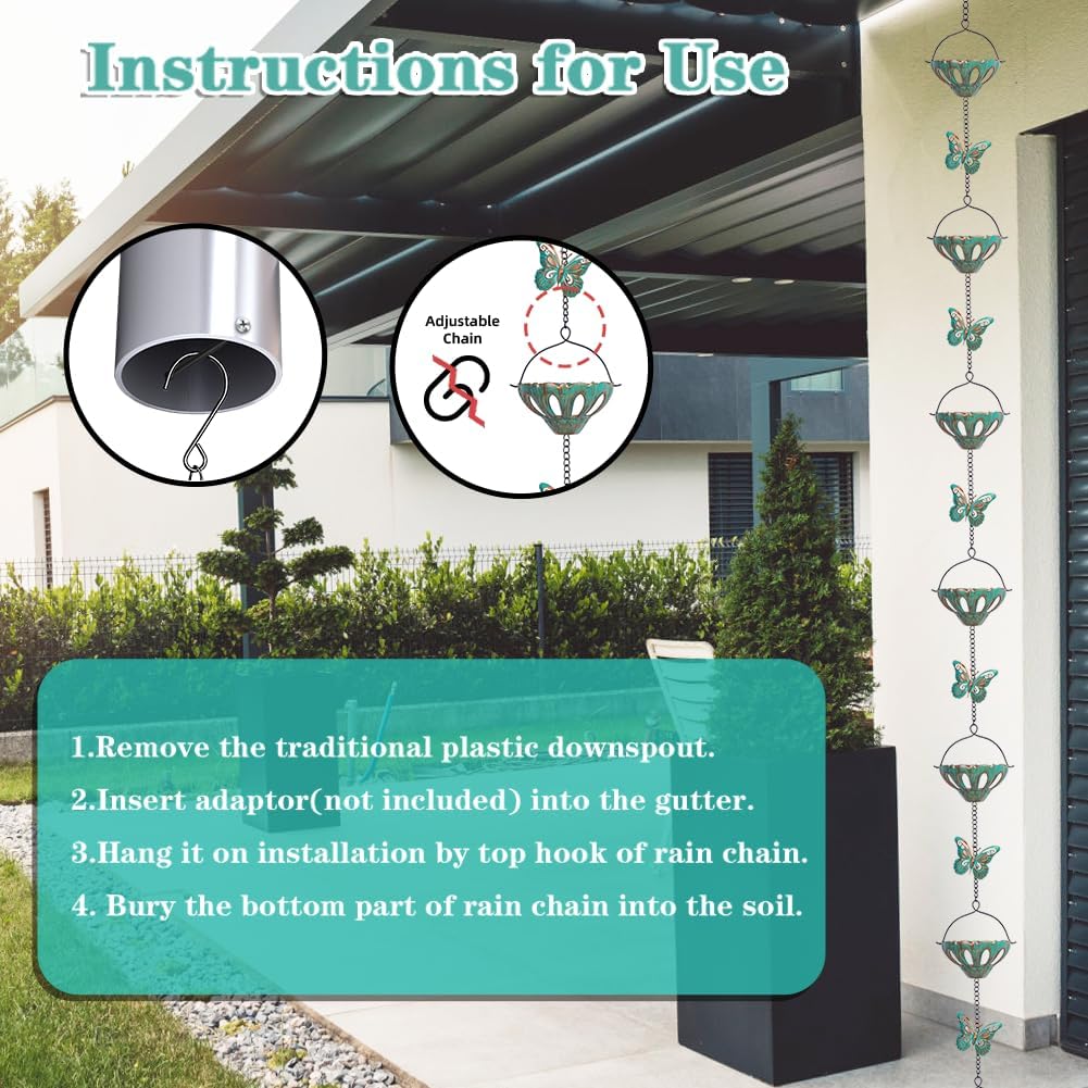 12FT Rain Chains for Outside, Metal Rain Chain with Butterfly Decor, Adjustable Rain Catcher Chain with Bell for Eaves Drainage, Replacement for Downspout (12 Cups)