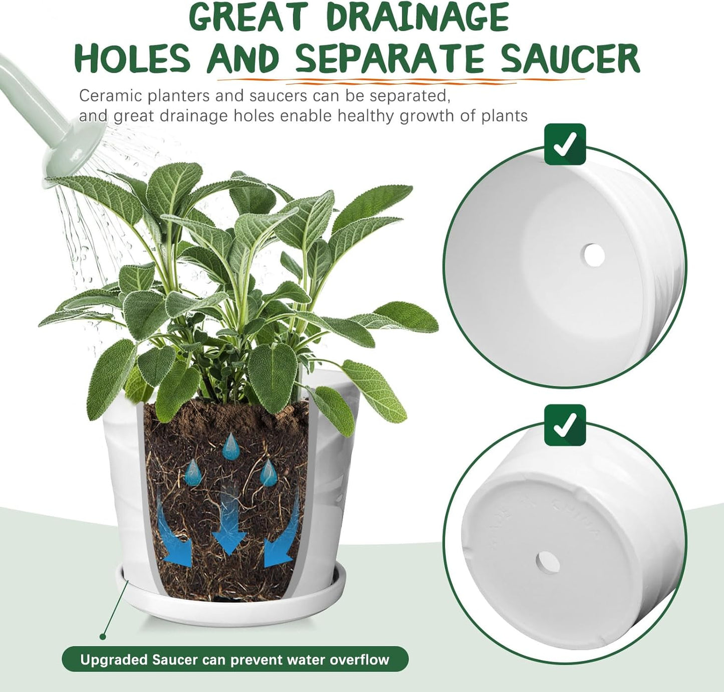 8 Inch Plant Pot, Ceramic Planter with Drainage and Saucer, Ceramic Pots for Plants, Indoor Plant pots,Succulent Orchid Flower Pot(Pure White)