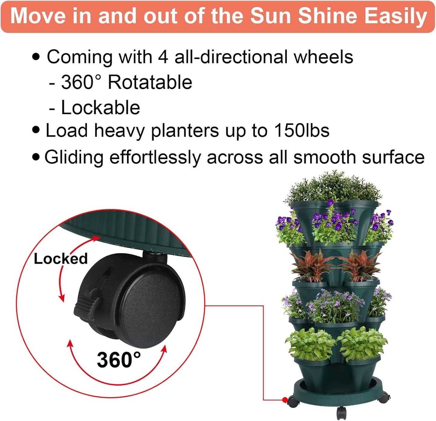 Vertical Planter 5 Tier Stackable Planters Garden Planters Strawberry Herb Flower and Vegetable Planter Indoor Outdoor Gardening Pots with Removable Wheels and Tools 2-Pack