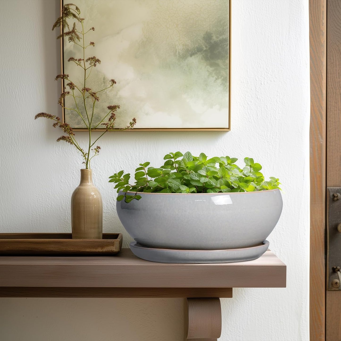 SQOWL Bonsai Pots - 10 Inch Ceramic Succulent Pots with Drainage Hole and Saucer, Large Shallow Indoor Planter, Bowl Round Planter Outdoor, Living Room Decor, Plant Lover Gifts, Gray