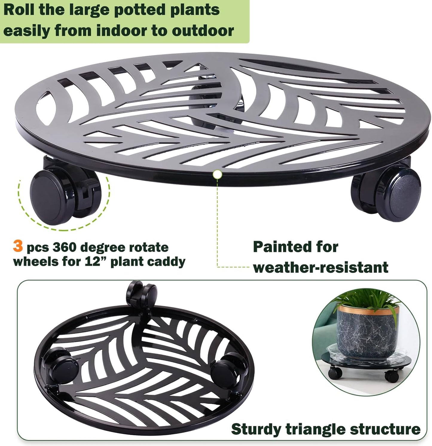 2 Packs Large Metal Plant Caddy with PU Wheels 12" Heavy-Duty Wrought Iron Rolling Plant Stands Indoor Outdoor Wheeled Plant Dolly Planter Mover Rollers Plant, Leaf Style