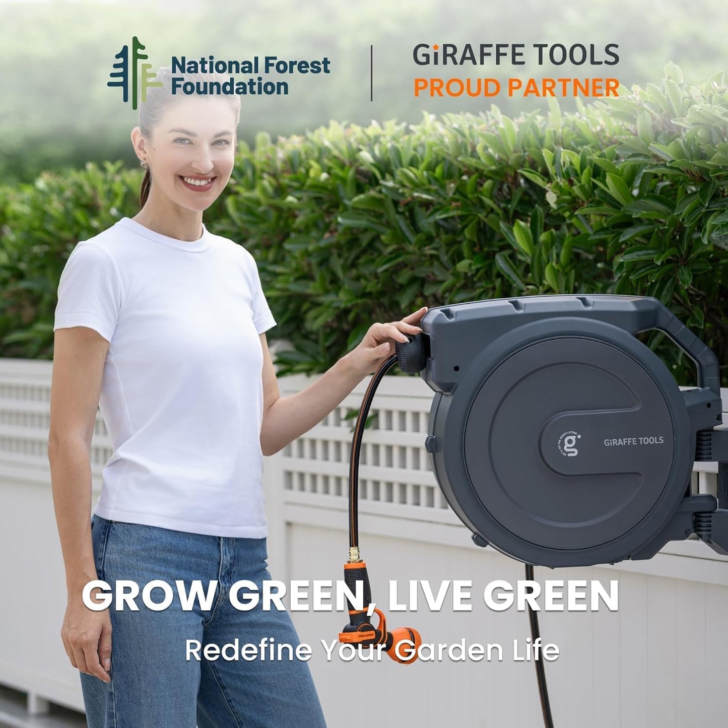 Giraffe Tools Retractable Hose Reel 5/8" x 90 ft Wall Mounted Garden Hose Reel Heavy Duty, Automatic Rewind, 180 Deg Swivel, Any Length Lock, 9 Pattern Nozzle, 90 ft, Dark Grey