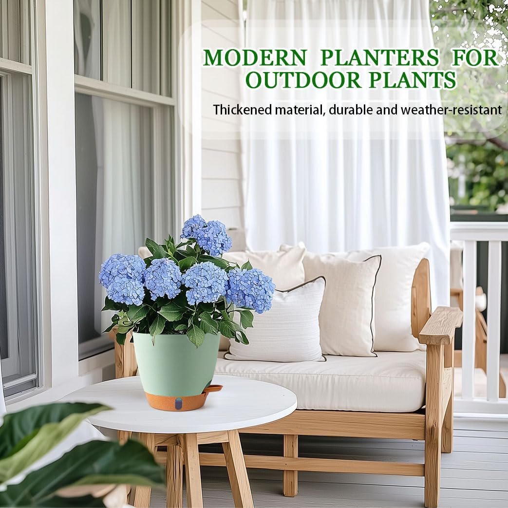 2 Pack 8 Inch Pots for Plants Indoor, Plastic Self Watering Planters with Drainage Holes, Water Level Indicator & Deep Reservoir, Decorative Flower Pots Indoor Outdoor Use (Green