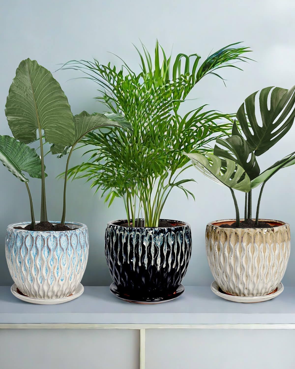 vensovo 7.5 Inch Ceramic Plant Pot with Drainage Holes and Saucer - Large Round Orchid Pot for Indoor Repotting, Ceramic Planter Maintain Air Circulation, Blue