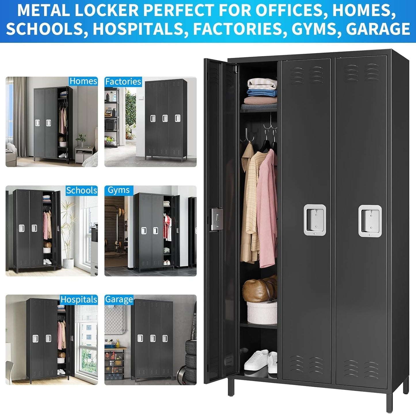 3 Doors Metal Lockers for Employees with 6 Hooks, Black Steel Storage Locker Cabinet, 72" Tall Lockers for Offices School Gyms Home Bedroom