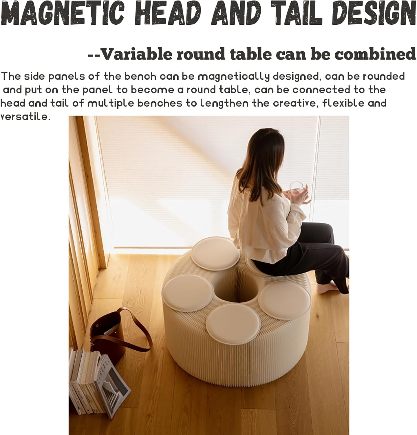 Foldable Kraft Paper Stool, Honeycomb Accordion Folding Bench, Collapsible Paper Stool for Small Spaces, Portable Footrest and Side Table for Living Room and Office,Black-44×31×150cm