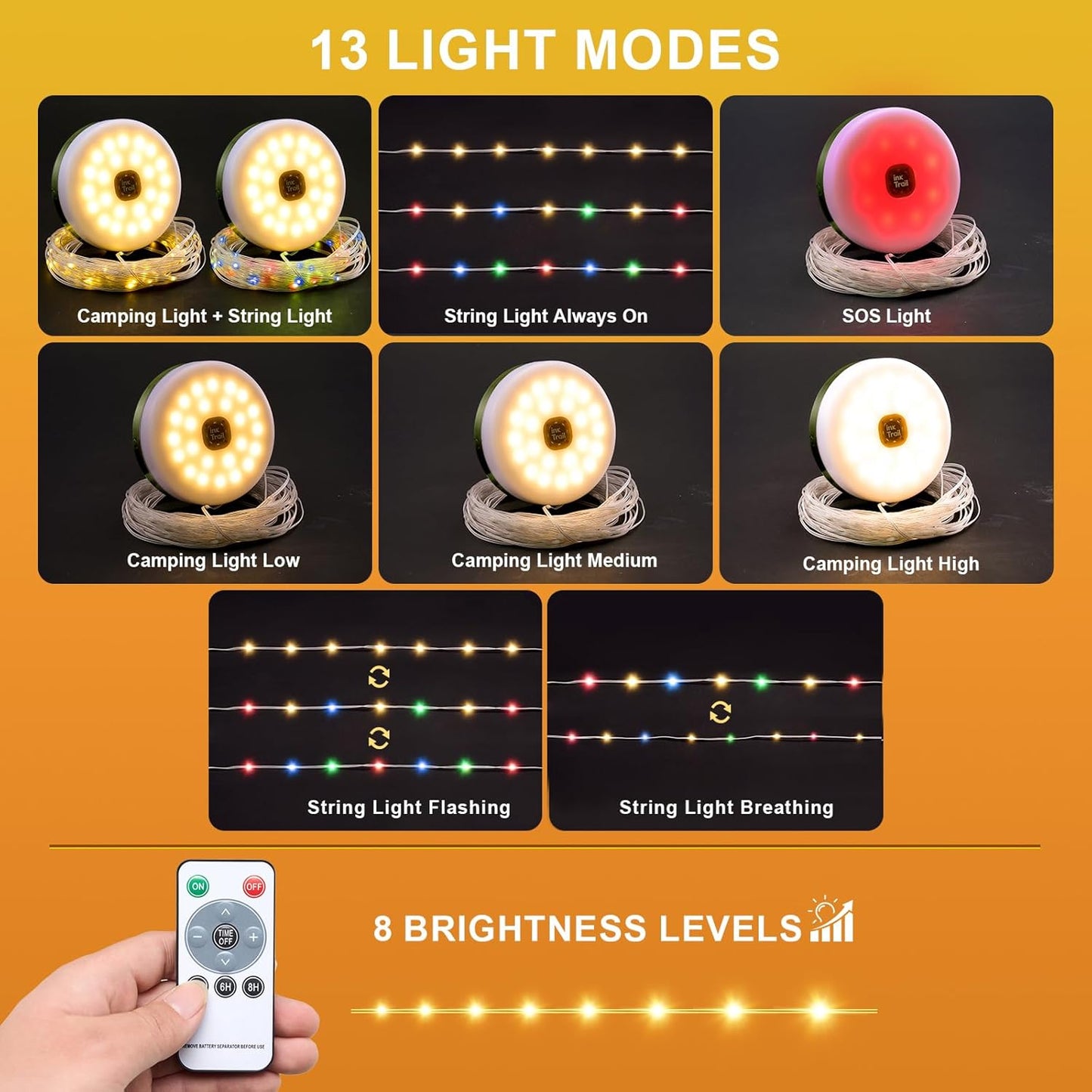 Solar Camping String Lights, 4 in 1 Quick Storage 33FT Rechargeable Tent Lights with 13 Lighting Modes, Hanging Waterproof Portable Retractable LED Lamp for Outdoor, Patio, RV, Awning, Garden, Party