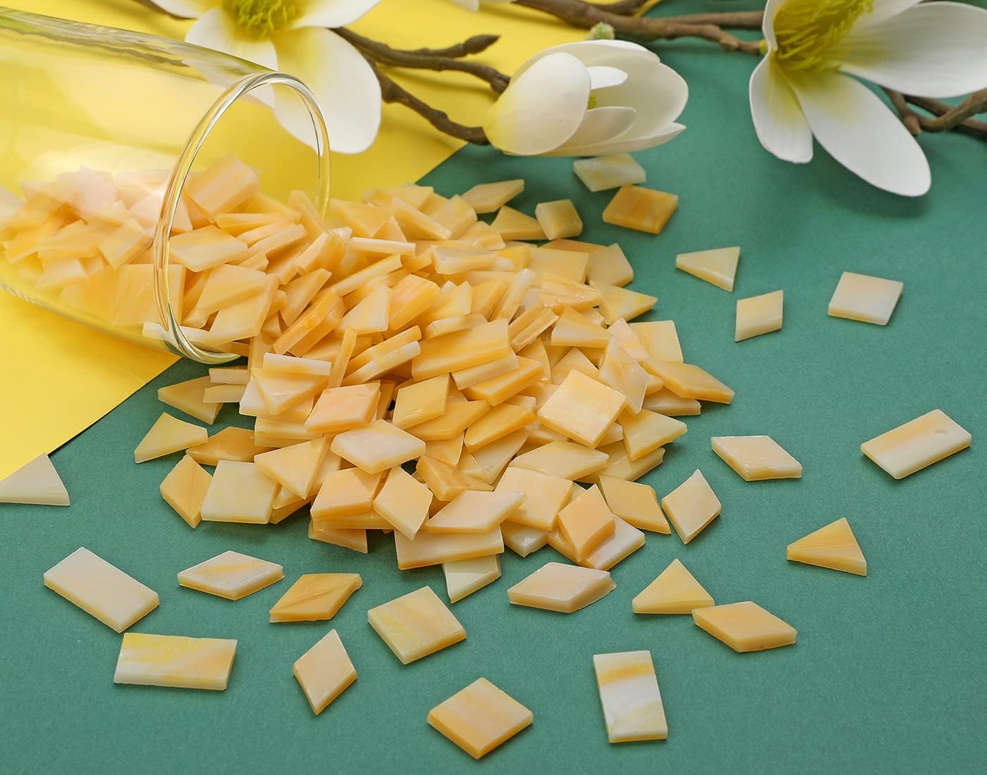 Lanyani Glass Mosaic Tiles for Art Crafts,4 Shapes Mixed Tiffany Stained Glass Pieces,200 Pieces,Square/Rectangle/Diamond/Triangle,Amber Yellow